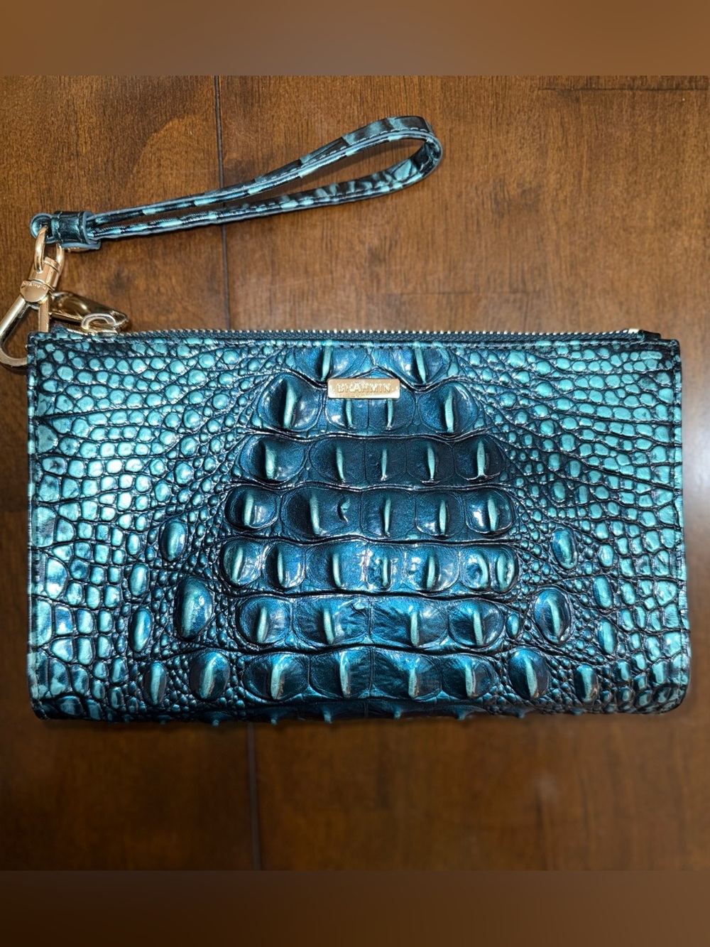 Brahmin Metallic Teal Croc-Embossed Wristlet